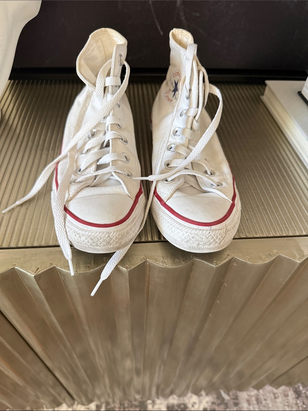 Converse White High-Top Sneakers with Red Stripe
